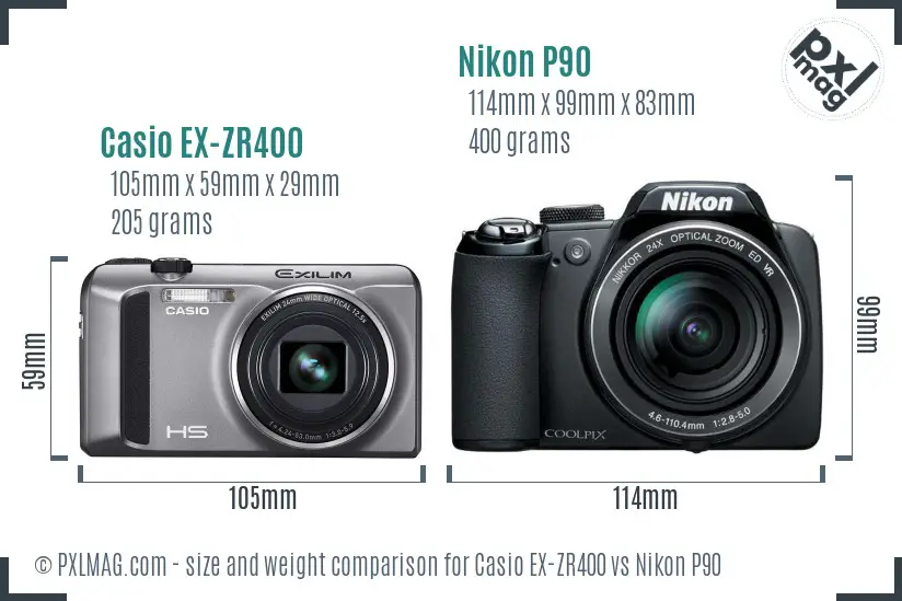 Casio EX-ZR400 vs Nikon P90 size comparison