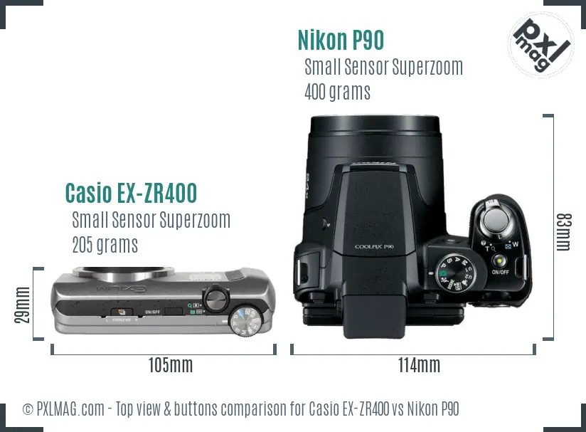 Casio EX-ZR400 vs Nikon P90 top view buttons comparison