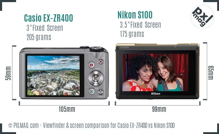 Casio EX-ZR400 vs Nikon S100 Screen and Viewfinder comparison