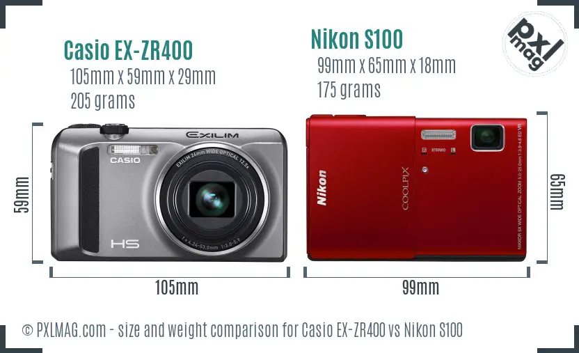 Casio EX-ZR400 vs Nikon S100 size comparison