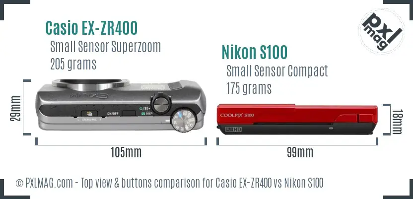 Casio EX-ZR400 vs Nikon S100 top view buttons comparison