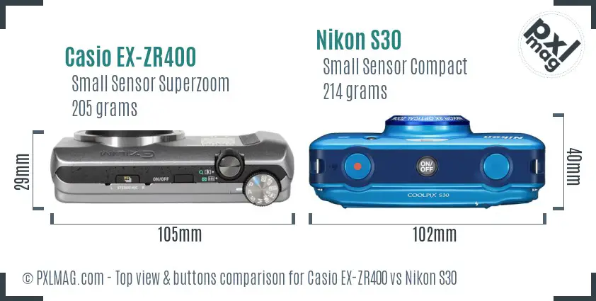 Casio EX-ZR400 vs Nikon S30 top view buttons comparison