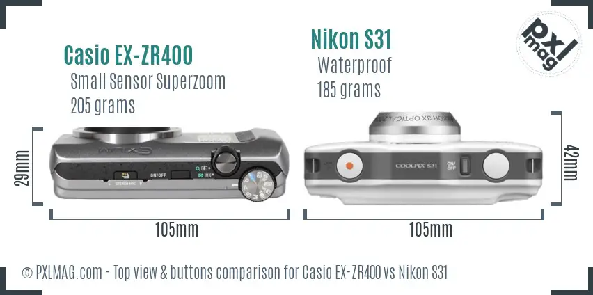 Casio EX-ZR400 vs Nikon S31 top view buttons comparison