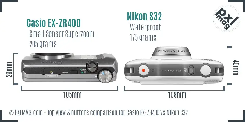 Casio EX-ZR400 vs Nikon S32 top view buttons comparison