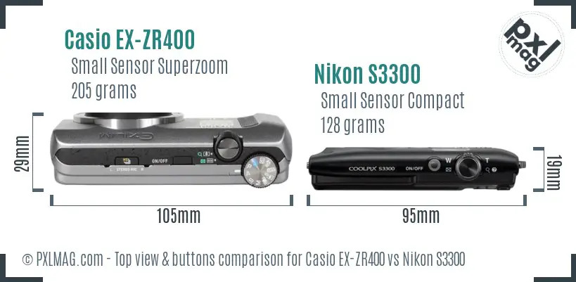 Casio EX-ZR400 vs Nikon S3300 top view buttons comparison