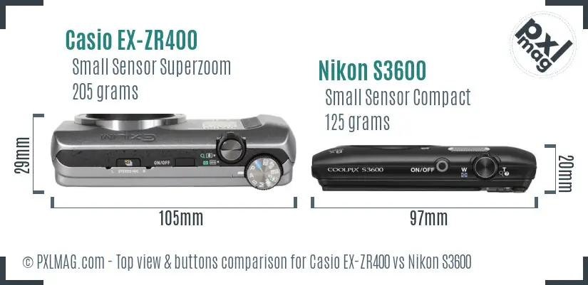 Casio EX-ZR400 vs Nikon S3600 top view buttons comparison Casio EX-ZR400 vs Nikon S3600 top view buttons comparison