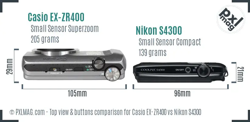 Casio EX-ZR400 vs Nikon S4300 top view buttons comparison