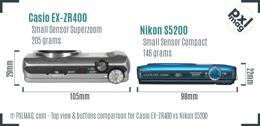 Casio EX-ZR400 vs Nikon S5200 top view buttons comparison Casio EX-ZR400 vs Nikon S5200 top view buttons comparison