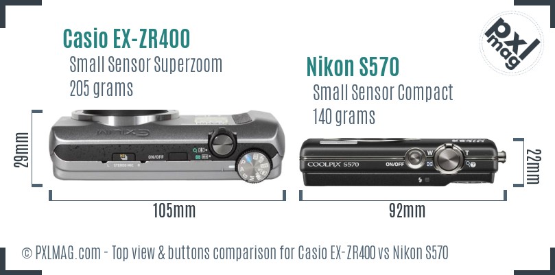 Casio EX-ZR400 vs Nikon S570 top view buttons comparison