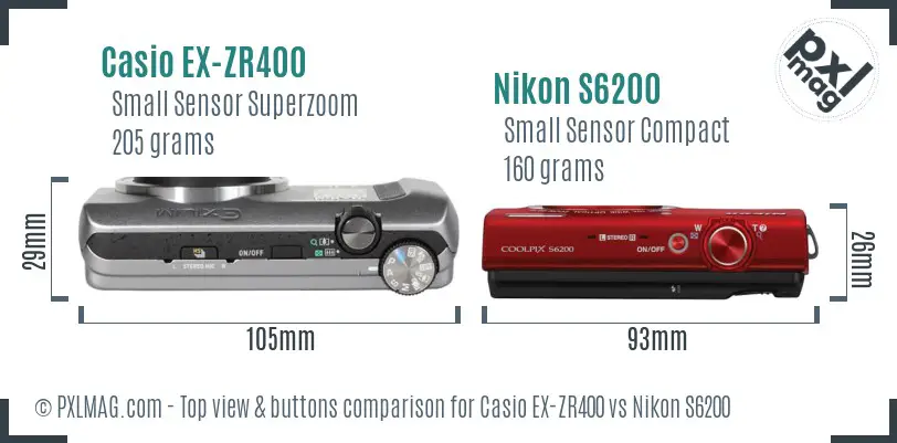 Casio EX-ZR400 vs Nikon S6200 top view buttons comparison Casio EX-ZR400 vs Nikon S6200 top view buttons comparison
