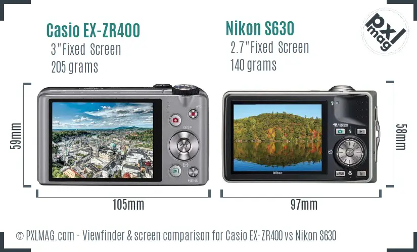 Casio EX-ZR400 vs Nikon S630 Screen and Viewfinder comparison