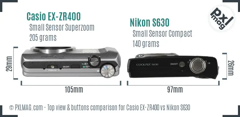 Casio EX-ZR400 vs Nikon S630 top view buttons comparison