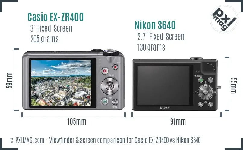 Casio EX-ZR400 vs Nikon S640 Screen and Viewfinder comparison