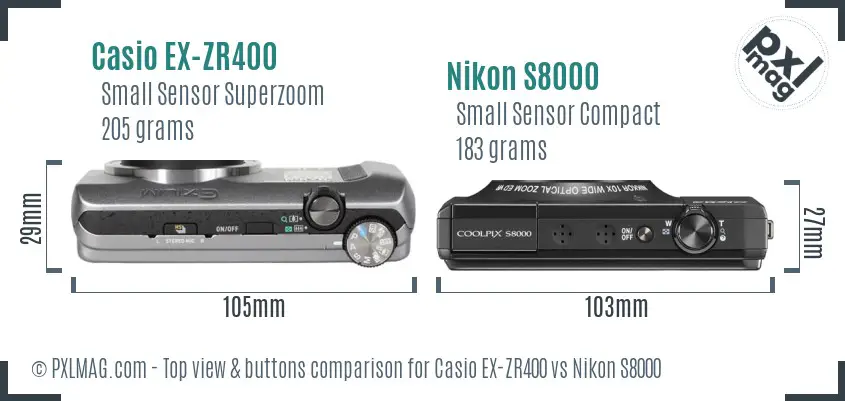Casio EX-ZR400 vs Nikon S8000 top view buttons comparison Casio EX-ZR400 vs Nikon S8000 top view buttons comparison