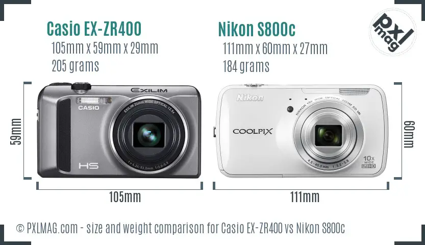 Casio EX-ZR400 vs Nikon S800c size comparison