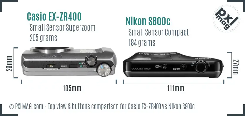 Casio EX-ZR400 vs Nikon S800c top view buttons comparison