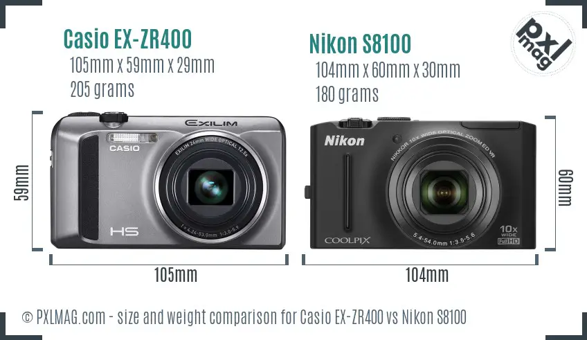 Casio EX-ZR400 vs Nikon S8100 size comparison
