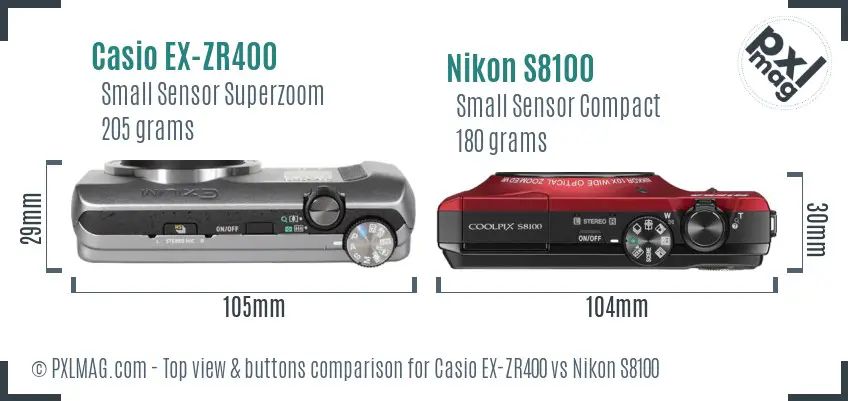 Casio EX-ZR400 vs Nikon S8100 top view buttons comparison