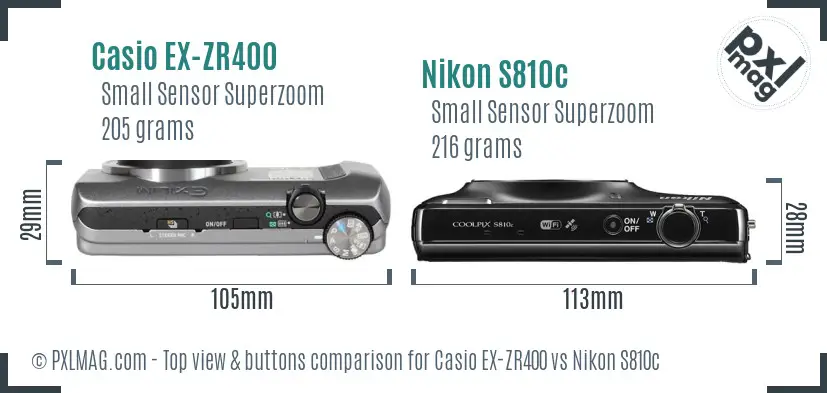 Casio EX-ZR400 vs Nikon S810c top view buttons comparison Casio EX-ZR400 vs Nikon S810c top view buttons comparison