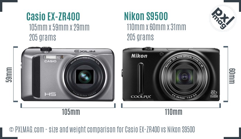 Casio EX-ZR400 vs Nikon S9500 size comparison