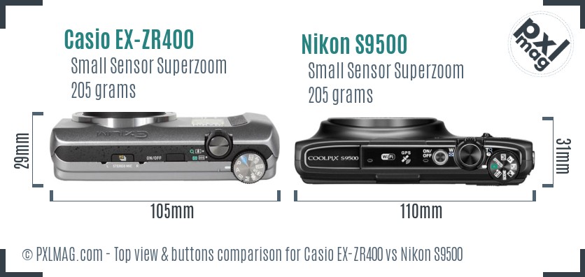 Casio EX-ZR400 vs Nikon S9500 top view buttons comparison