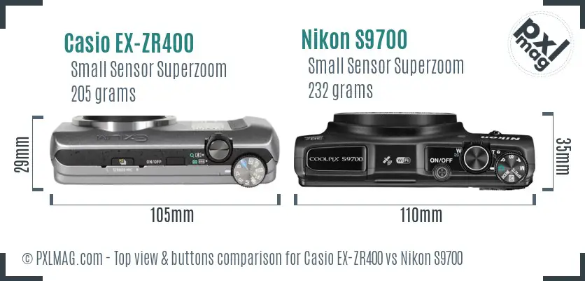 Casio EX-ZR400 vs Nikon S9700 top view buttons comparison