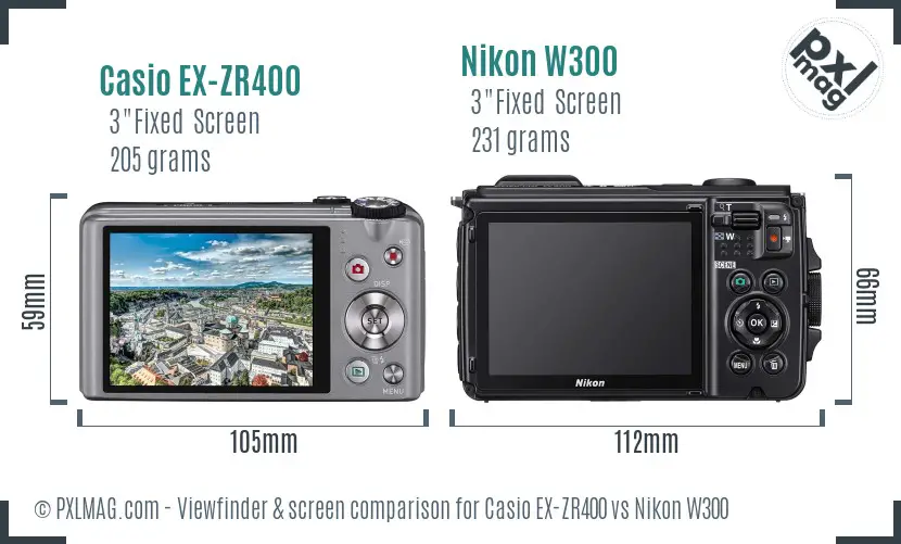 Casio EX-ZR400 vs Nikon W300 Screen and Viewfinder comparison