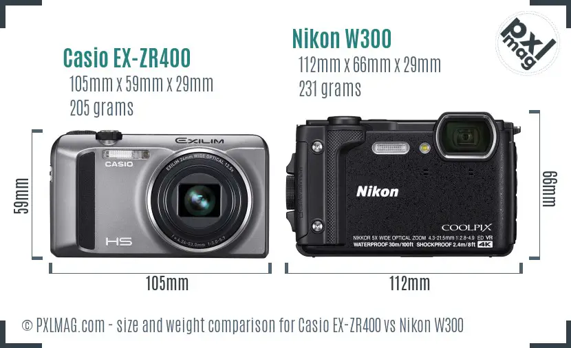 Casio EX-ZR400 vs Nikon W300 size comparison