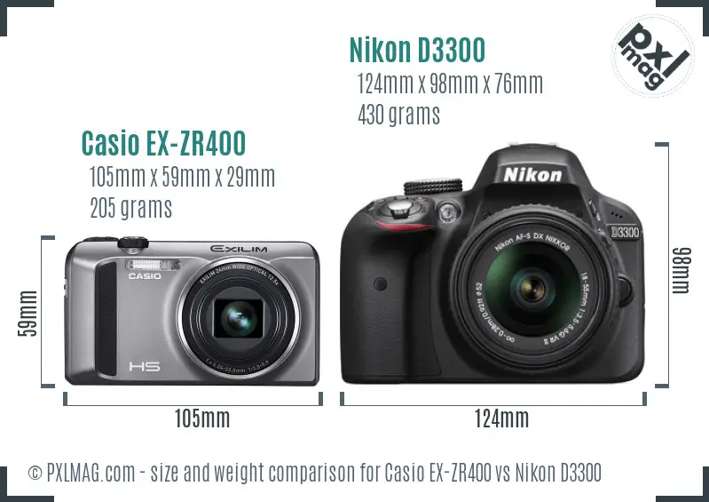 Casio EX-ZR400 vs Nikon D3300 size comparison