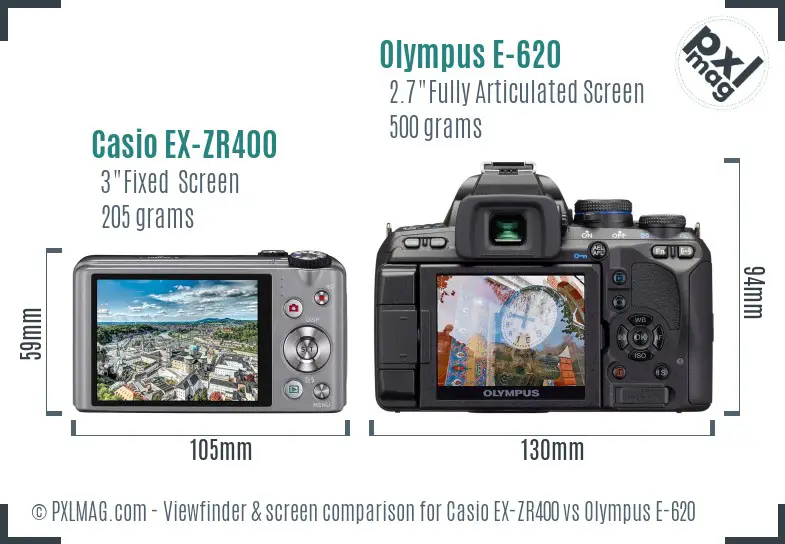 Casio EX-ZR400 vs Olympus E-620 Screen and Viewfinder comparison