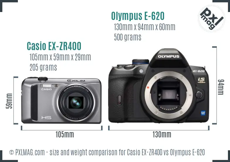 Casio EX-ZR400 vs Olympus E-620 size comparison