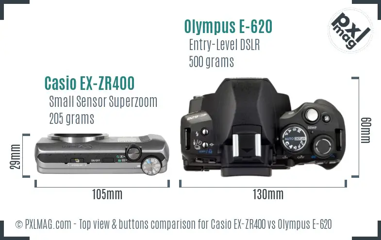 Casio EX-ZR400 vs Olympus E-620 top view buttons comparison