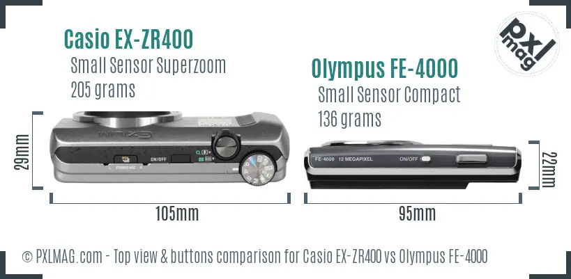 Casio EX-ZR400 vs Olympus FE-4000 top view buttons comparison