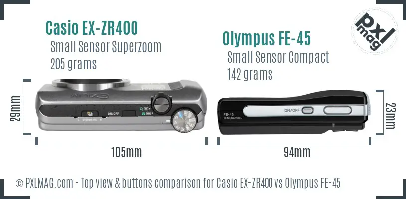 Casio EX-ZR400 vs Olympus FE-45 top view buttons comparison Casio EX-ZR400 vs Olympus FE-45 top view buttons comparison