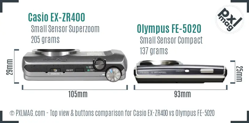Casio EX-ZR400 vs Olympus FE-5020 top view buttons comparison Casio EX-ZR400 vs Olympus FE-5020 top view buttons comparison