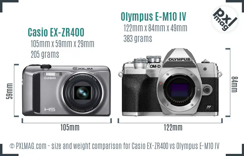 Casio EX-ZR400 vs Olympus E-M10 IV size comparison
