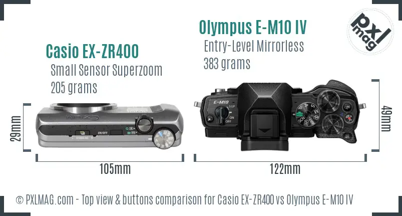 Casio EX-ZR400 vs Olympus E-M10 IV top view buttons comparison