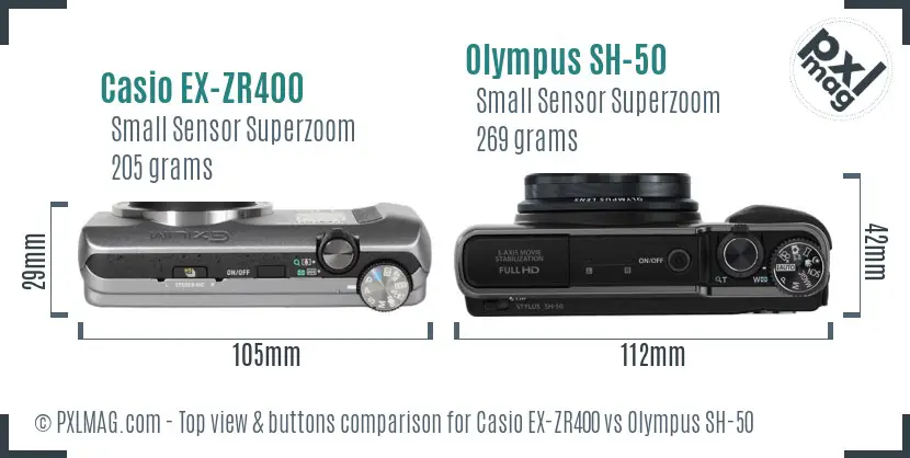 Casio EX-ZR400 vs Olympus SH-50 top view buttons comparison