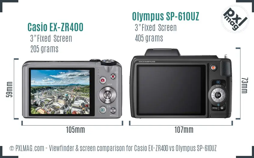 Casio EX-ZR400 vs Olympus SP-610UZ Screen and Viewfinder comparison