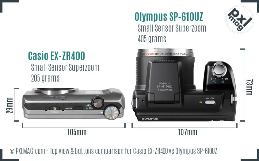 Casio EX-ZR400 vs Olympus SP-610UZ top view buttons comparison