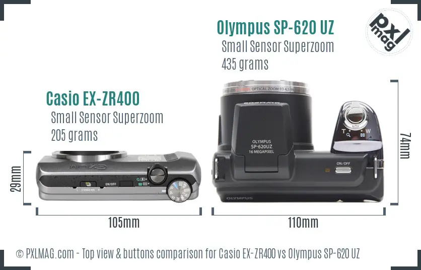 Casio EX-ZR400 vs Olympus SP-620 UZ top view buttons comparison