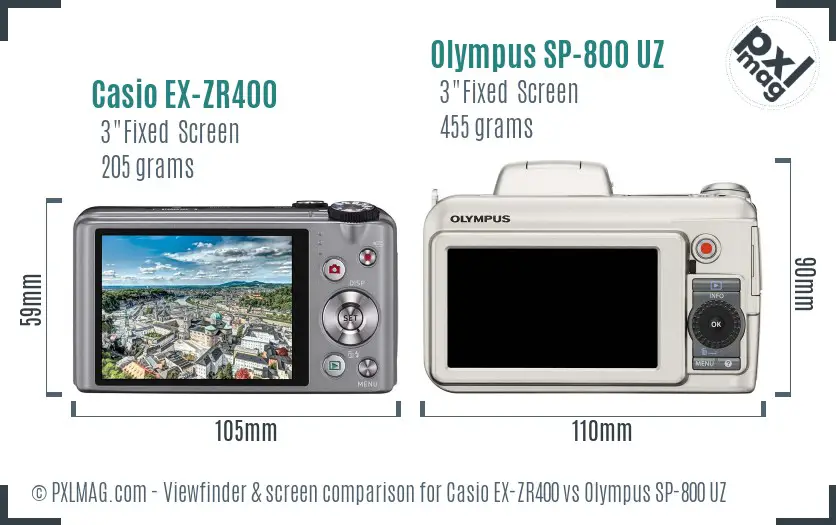 Casio EX-ZR400 vs Olympus SP-800 UZ Screen and Viewfinder comparison