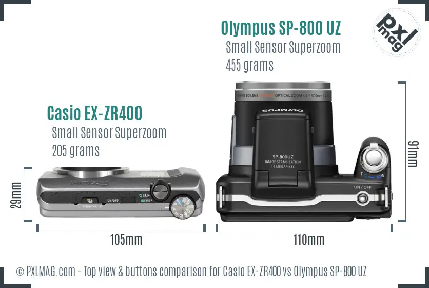 Casio EX-ZR400 vs Olympus SP-800 UZ top view buttons comparison