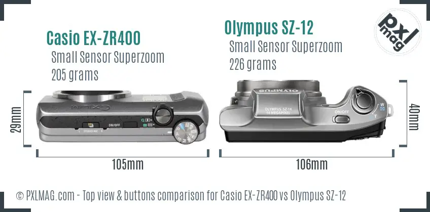 Casio EX-ZR400 vs Olympus SZ-12 top view buttons comparison Casio EX-ZR400 vs Olympus SZ-12 top view buttons comparison