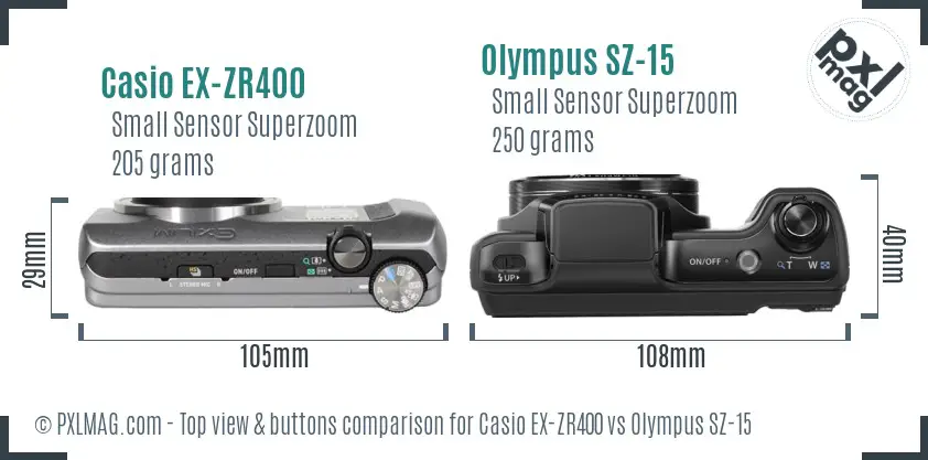 Casio EX-ZR400 vs Olympus SZ-15 top view buttons comparison Casio EX-ZR400 vs Olympus SZ-15 top view buttons comparison