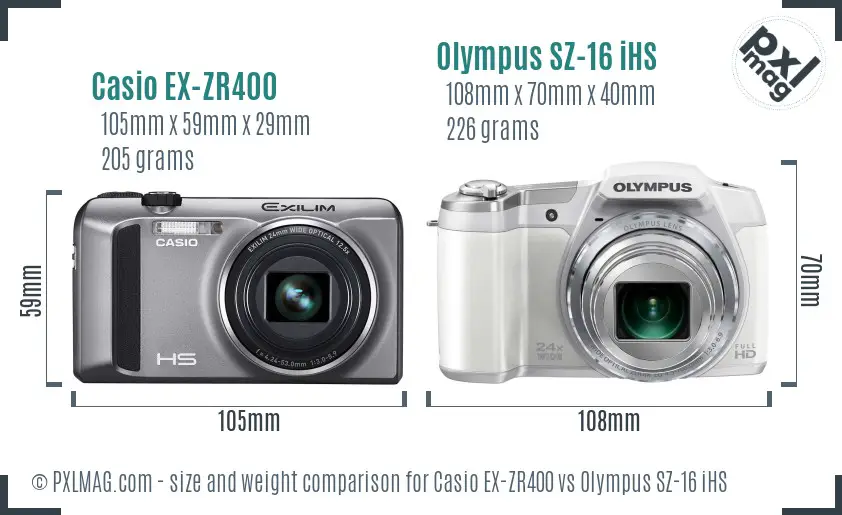 Casio EX-ZR400 vs Olympus SZ-16 iHS size comparison
