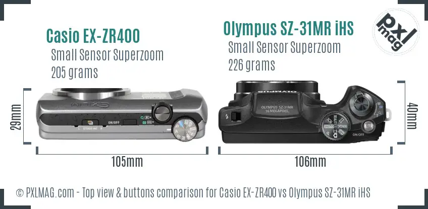 Casio EX-ZR400 vs Olympus SZ-31MR iHS top view buttons comparison