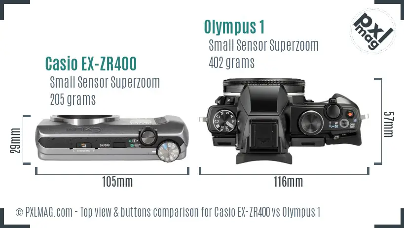 Casio EX-ZR400 vs Olympus 1 top view buttons comparison