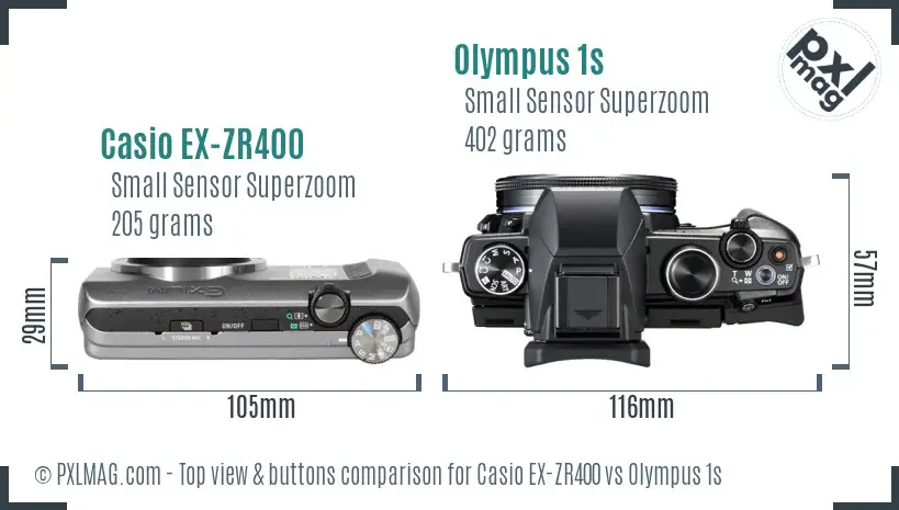 Casio EX-ZR400 vs Olympus 1s top view buttons comparison