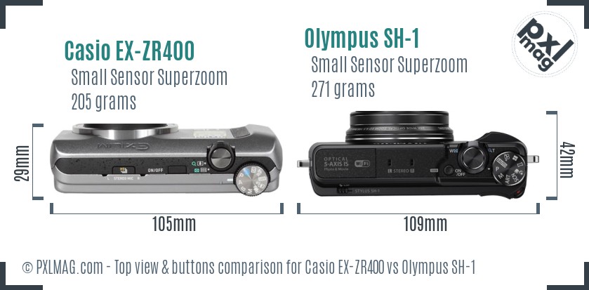Casio EX-ZR400 vs Olympus SH-1 top view buttons comparison